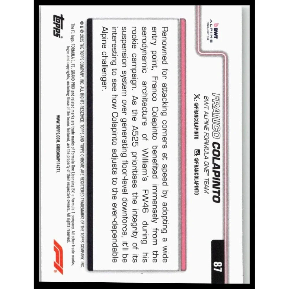 2025 Topps Chrome Formula 1 Franco Colapinto #87 BWT Alpine F1 Team
